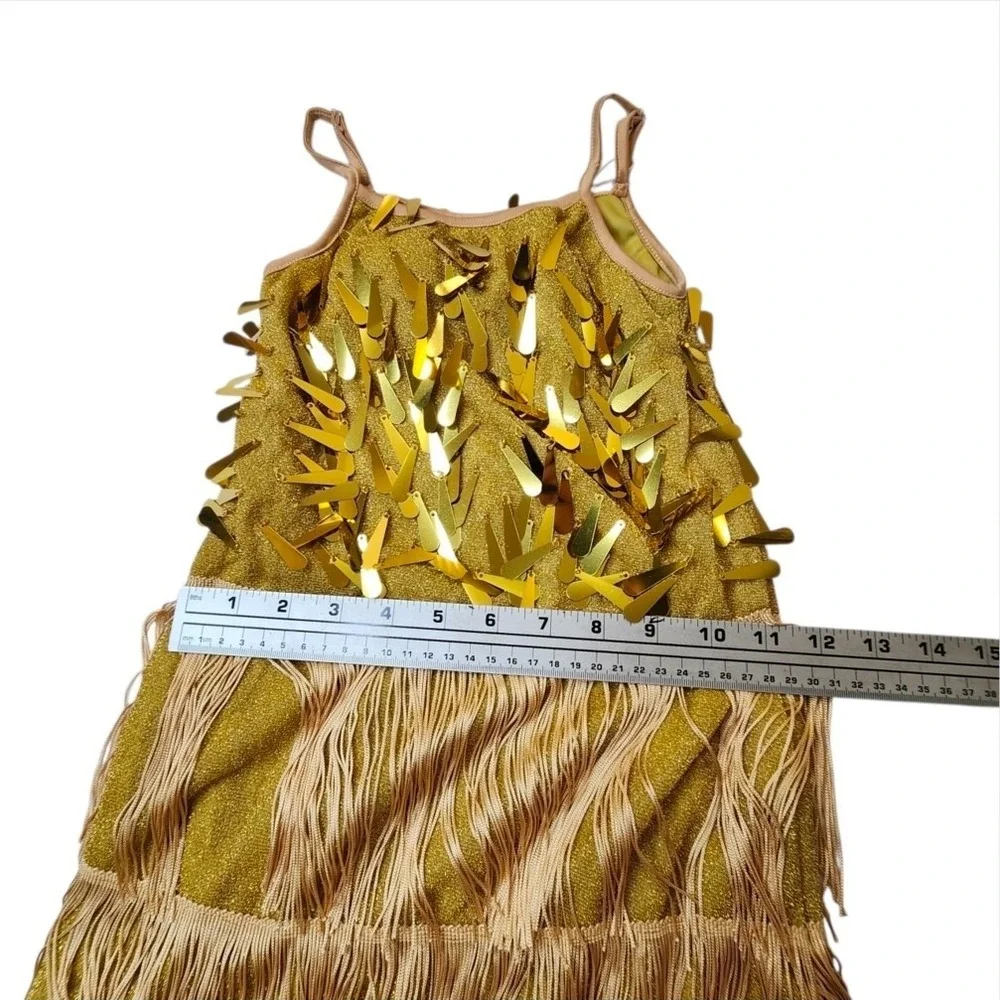 LOLANTA Girls Sequin Fringe Dress Gold Tassel Latin Dance 2Pcs Size 7-8